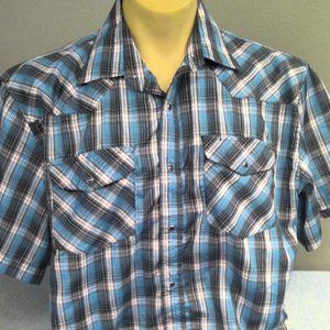 Vintage Classic Western Pearl Snap Short Sleeve Shirt Blue Plaid Men's 2XL